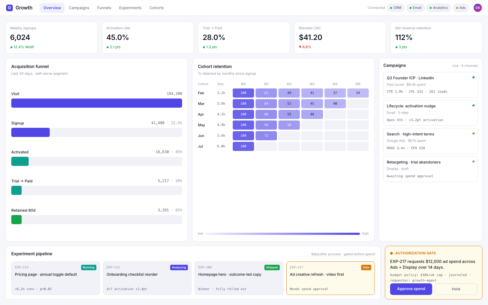 The Growth console: a campaign board across channels, a funnel view with stage conversion, a cohort retention chart, martech integration status chips, and an experiment run stopped at an authorization gate before spend.