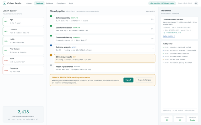 The Health console: a patient-cohort builder, clinical-pipeline stages, and a provenance viewer.